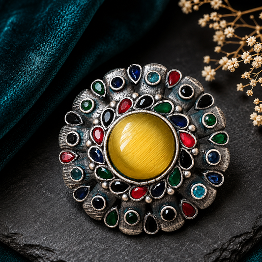 Multicolor oxidized silver statement ring with yellow cabochon and colorful stone accents