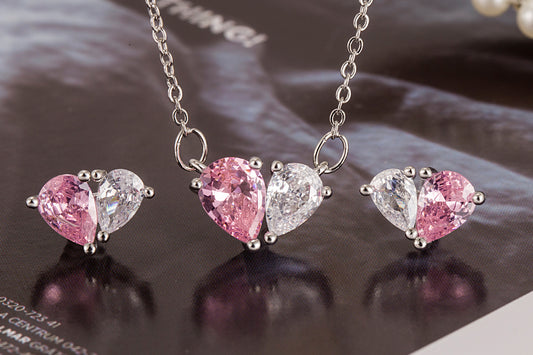Elegant Pink and White Heart-Shaped Gemstone Jewelry Set – Necklace & Earrings