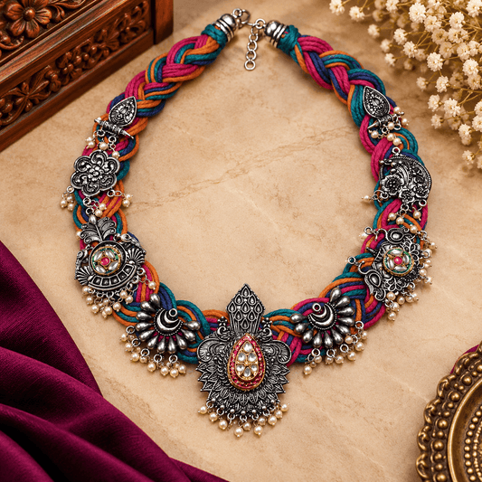 Vibrant Multicolour Braided Dori Necklace with Ornate Tribal Pendant, Oxidized Charms & Pearl Bead Drops | The Mirage Fashion
