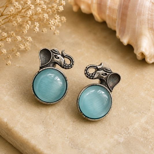 Oxidised Elephant Stud Earrings with Ruby Red Stone – Vintage Animal Motif Statement Earrings for Women | The Mirage Fashion