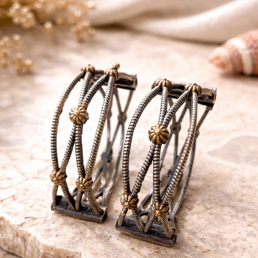 Oxidized silver and gold floral multilayer kada bangles for women