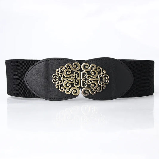 Women Vintage Simple Engraved Double Buckle Wide Girdle Belt