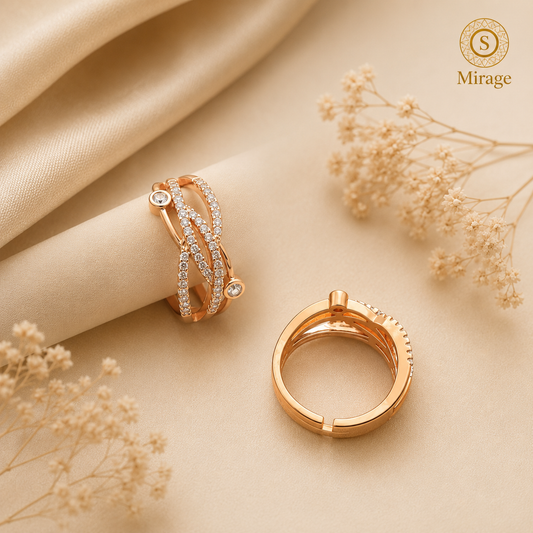 Rose Gold American Diamond Criss-Cross Ring with Sparkling CZ Stones for Women Designer Fashion Ring The Mirage Fashion