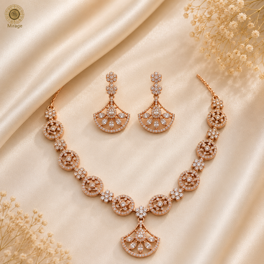 Rose gold American Diamond necklace set with matching designer earrings for bridal and party wear by The Mirage Fashion.