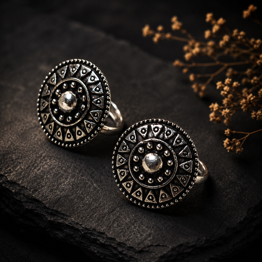 Oxidized silver traditional round toe rings for women with intricate Indian design