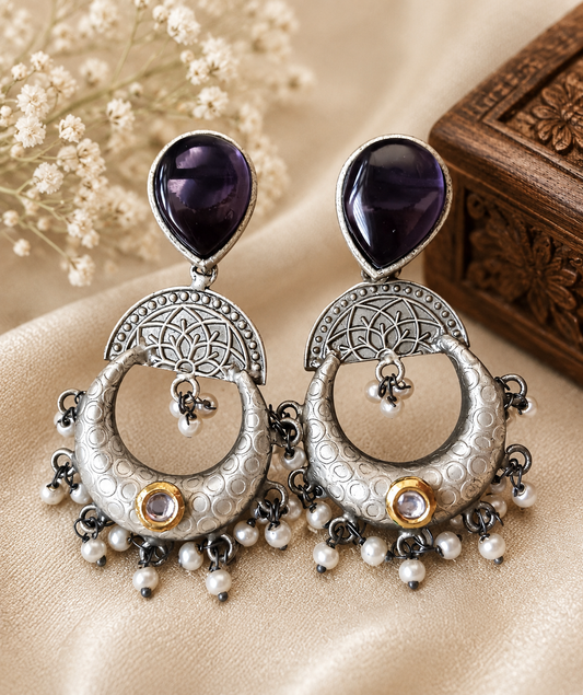 Royal Amethyst Oxidized Chandbali Earrings – Pearl Tassel Crescent Moon Drop Earrings for Women | Statement Ethnic Jewelry | The Mirage Fashion