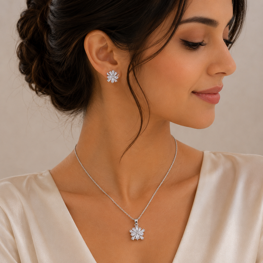 Elegant Floral Crystal Pendant Necklace & Earrings Set for Women | Silver Plated AD Jewellery | The Mirage Fashion