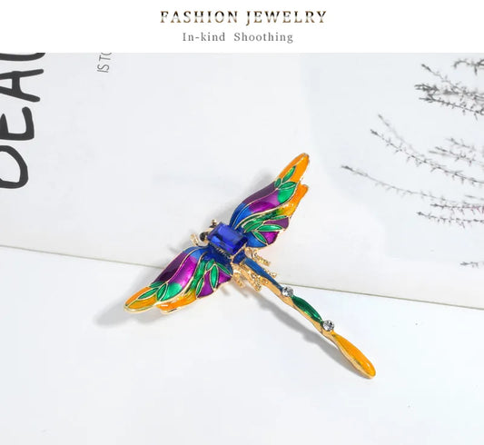 Vibrant Enamel Dragonfly Brooch with Blue Glass Gem & Rhinestones – Unisex Statement Pin