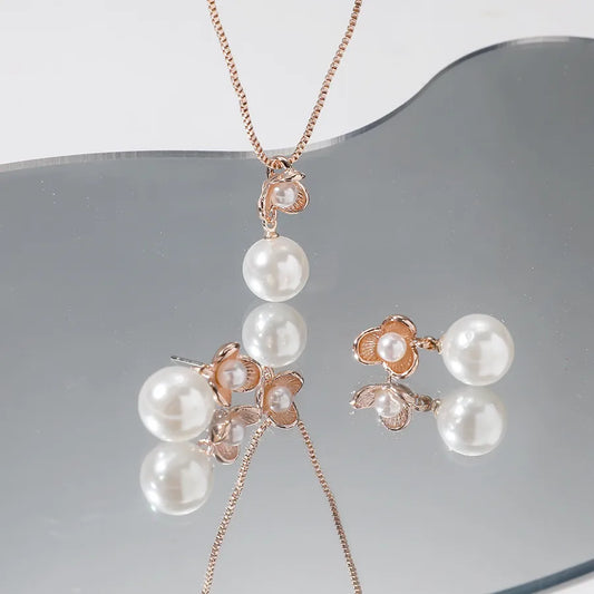 Elegant Pearl & Rose Gold Clover Necklace and Earring Set for Women