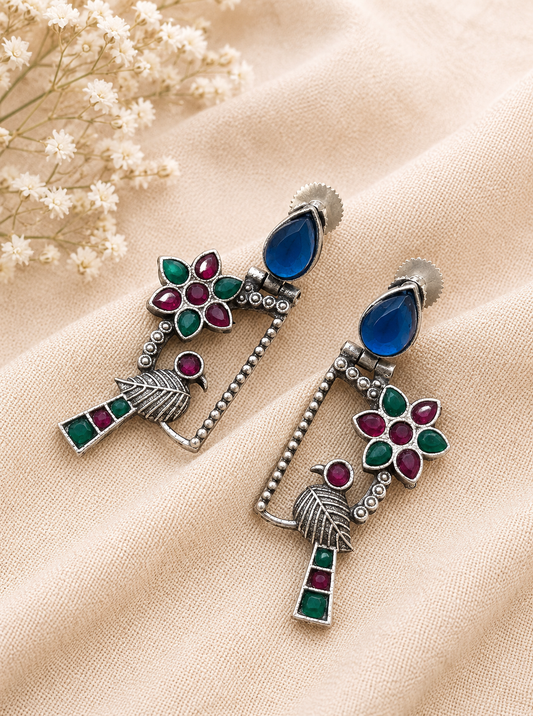 Songbird Garden Oxidized Silver Statement Earrings for Women | Floral Bird Drop Earrings | Vintage Ethnic Designer Jewelry| The Mirage Fashion