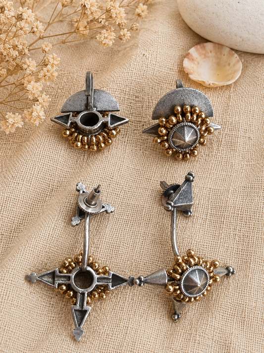 Statement Ear Cuff & Stud Earring Combo in Antique Silver and Gold Tone – Geometric Tribal Ear Wrap Jewelry for Women