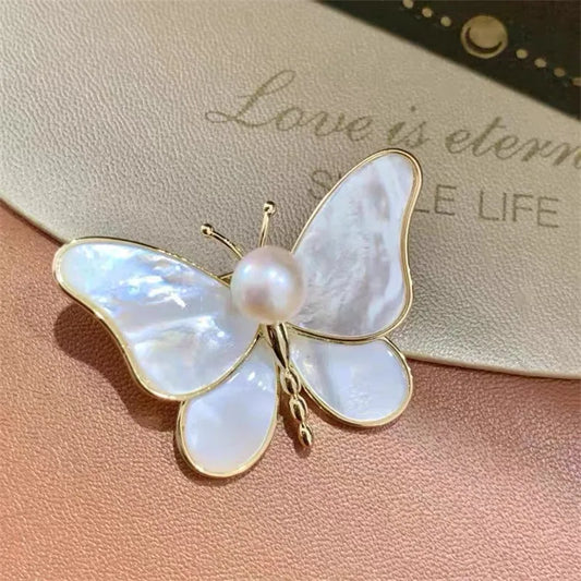 Elegant Mother-of-Pearl Butterfly Brooch with Faux Pearl – Women's Fashion Jewelry Pin