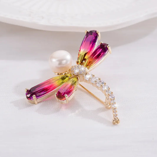 Mirage Elegant Dragonfly Brooch with Colorful Crystals & Pearl – Women's Fashion Jewelry Pin