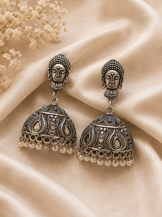 The Mirage Fashion Buddha Pearl Jhumka Earrings – Silver Look Spiritual Statement Earrings for Women Oxidized Ethnic Jewelry