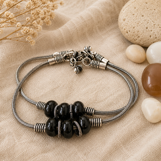 The Mirage Fashion Black Beaded Oxidized Anklet Pair – Boho Tribal Double Layer Payal for Women