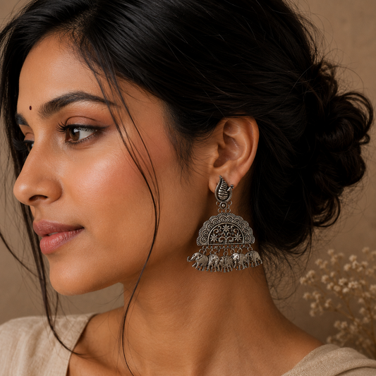 The Mirage Fashion Elephant Charm Tribal Statement Earrings – Silver Look Boho Ethnic Earrings for Women