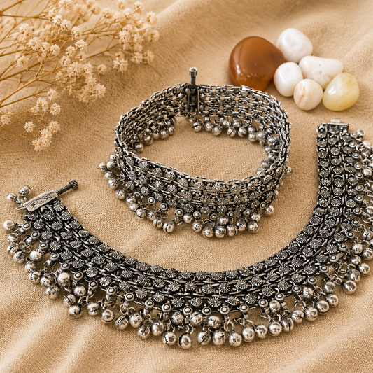 The Mirage Fashion Oxidized Ghungroo Anklet Pair – Traditional Tribal Statement Payal for Women