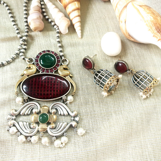 Mirage - Traditional Handcrafted Silver Necklace Set with Green Floral Glass Stones and Pearl Accents