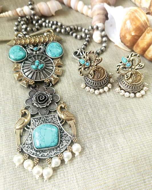 Mirage - Ethnic Silver-Gold Dual tone Necklace Set with Turquoise Stones and Pearls with beautiful Jumki style earrings