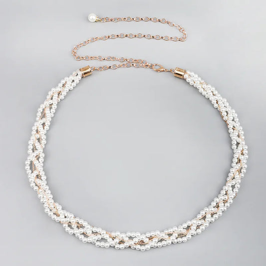 Women’s Beaded Chain Belt – Fashionable Gold Waist Chain with Faux Pearls