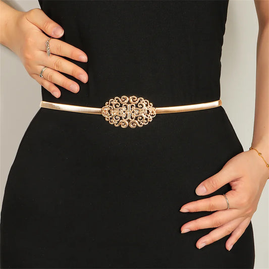 Women’s Skinny Metal Cinch Belt – Gold & Silver Elastic Waistband