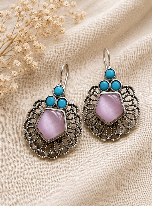 Mirage - Vintage Boho Statement Earrings for Women | Oxidized Silver Floral Drop Earrings | Multicolor Stone Earrings