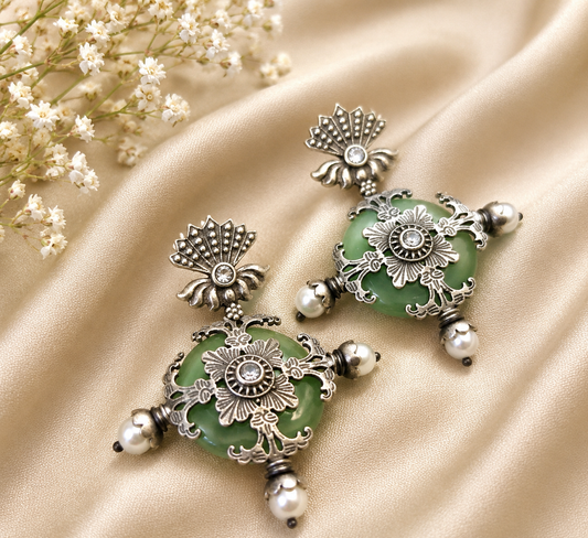 Vintage Green Stone Pearl Drop Earrings for Women – Antique Silver Floral Statement Earrings | Ethnic & Party Wear Jewelry | The Mirage Fashion
