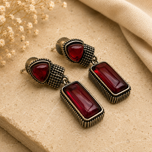 Vintage Silver Red Stone Drop Earrings for Women – Handmade Statement Earrings | Ethnic & Boho Jewelry | The Mirage Fashion