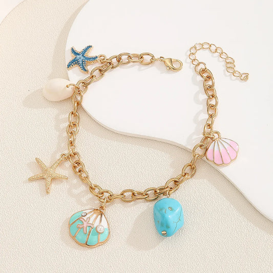 Mirage -Bohemian Beach Charm Bracelet & Anklet Set – Enamel style Starfish & Shell Design