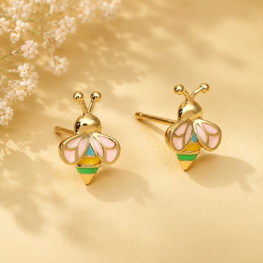 Cute colorful bee stud earrings with pink wings and gold-tone detailing for women