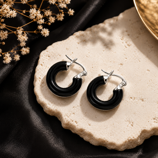 Glossy black C hoop earrings for women with silver-tone detailing
