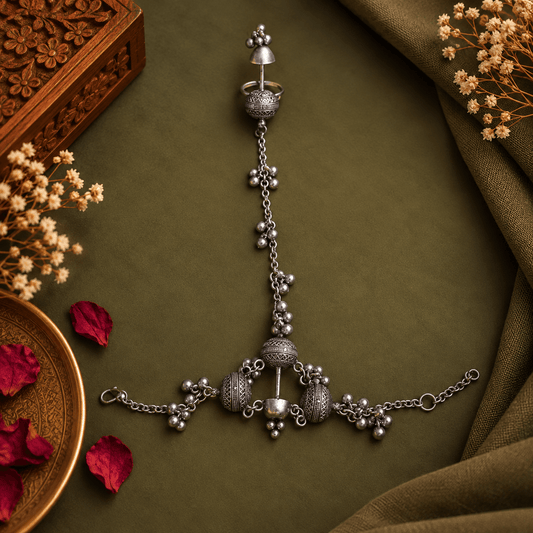 Rajwadi antique silver hathphool with traditional finger ring, linked wrist bracelet and dangling bead details