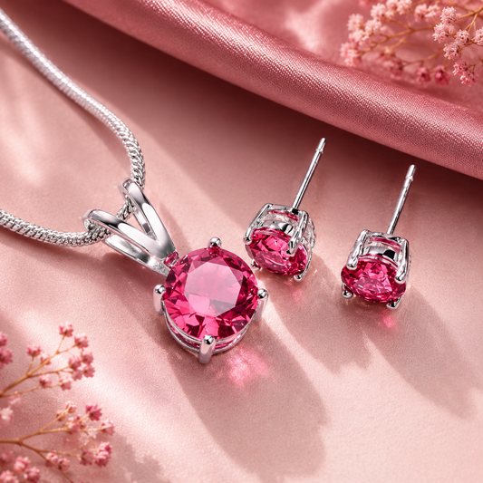 Round cut pink crystal pendant necklace and matching stud earrings set for women