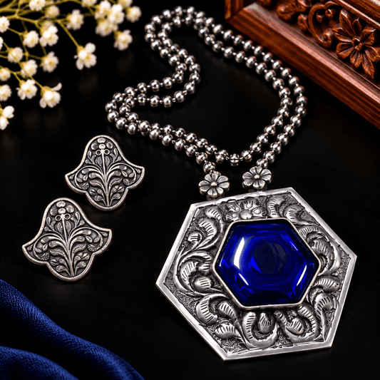 Royal Blue Stone Oxidized Silver Necklace Set with Matching Earrings | The Mirage Fashion