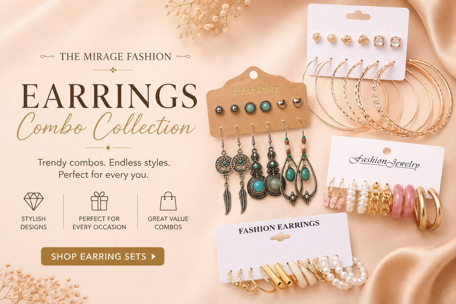 Earrings combo collection featuring studs, hoops, ear cuffs, oxidized earrings, statement earrings, and trendy fashion jewelry for women by The Mirage Fashion.