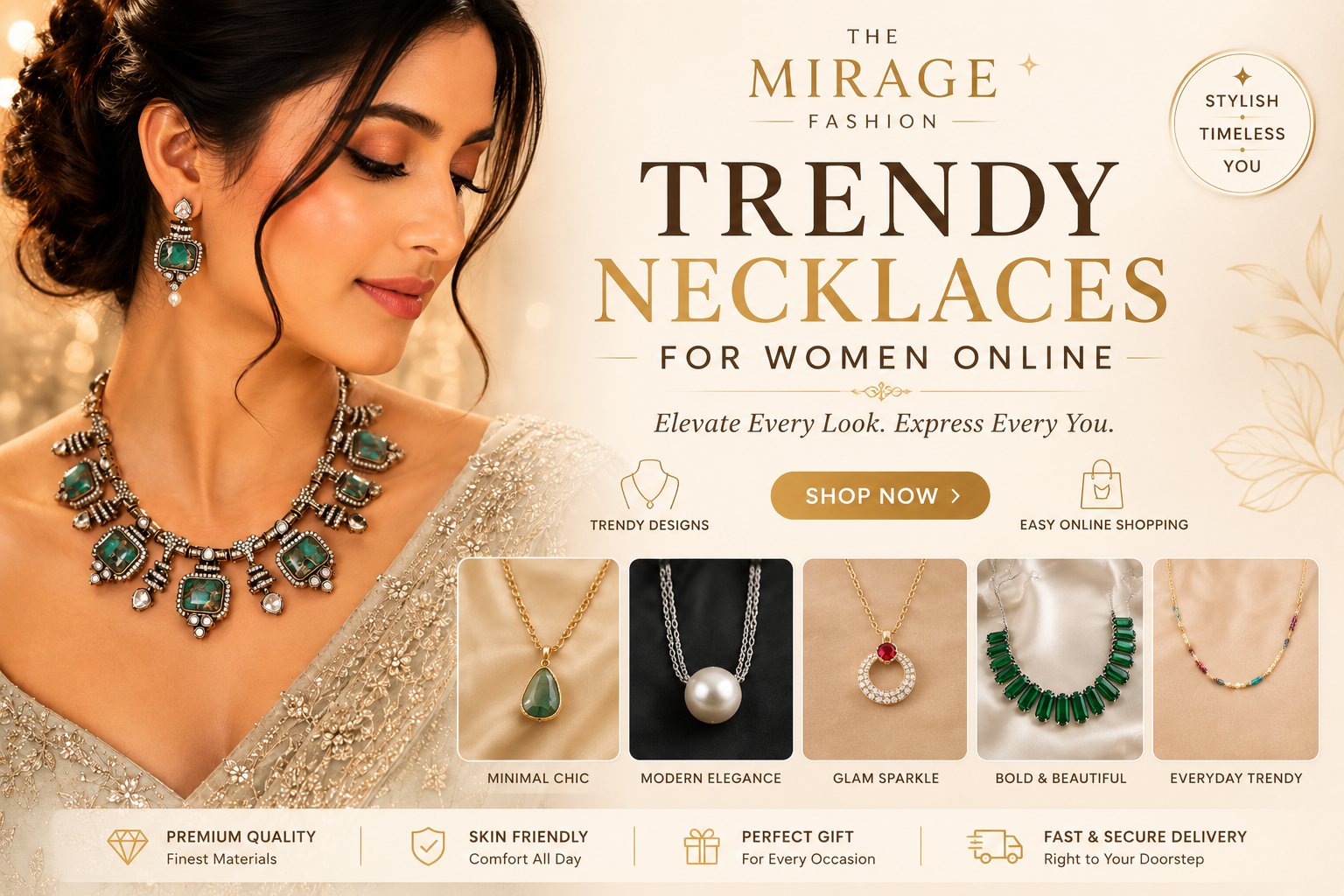"Designer necklaces collection for women featuring statement necklaces, pendant necklaces, chokers, layered chains and fashion jewelry by The Mirage Fashion"