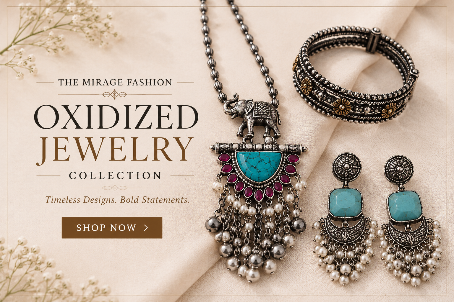 Oxidized jewelry collection featuring oxidized necklaces, earrings, anklets, bracelets, rings, tribal jewelry, Afghani designs, and silver-look fashion accessories by The Mirage Fashion.