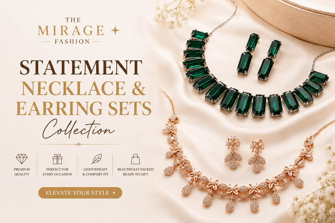 tatement necklace and earring sets collection featuring bridal jewelry, American Diamond sets, oxidized necklaces, Kundan jewelry, and designer fashion accessories by The Mirage Fashion.