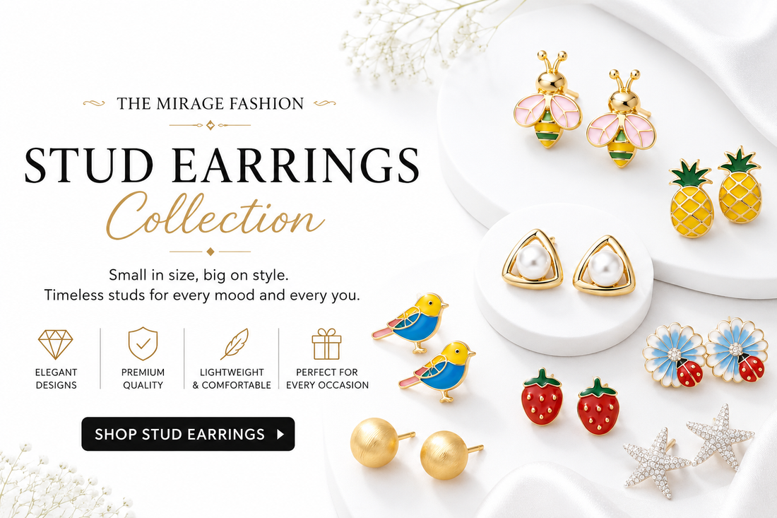 Stud earrings collection featuring pearl studs, crystal earrings, American Diamond studs, oxidized earrings, and designer fashion jewelry for women by The Mirage Fashion.