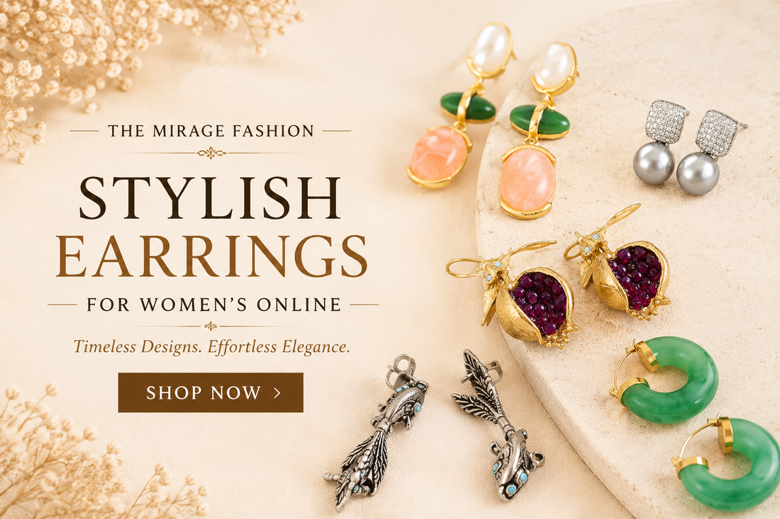 Stylish earrings collection for women featuring stud earrings, hoop earrings, ear cuffs, oxidized earrings, Kundan earrings, and statement fashion jewelry by The Mirage Fashion.