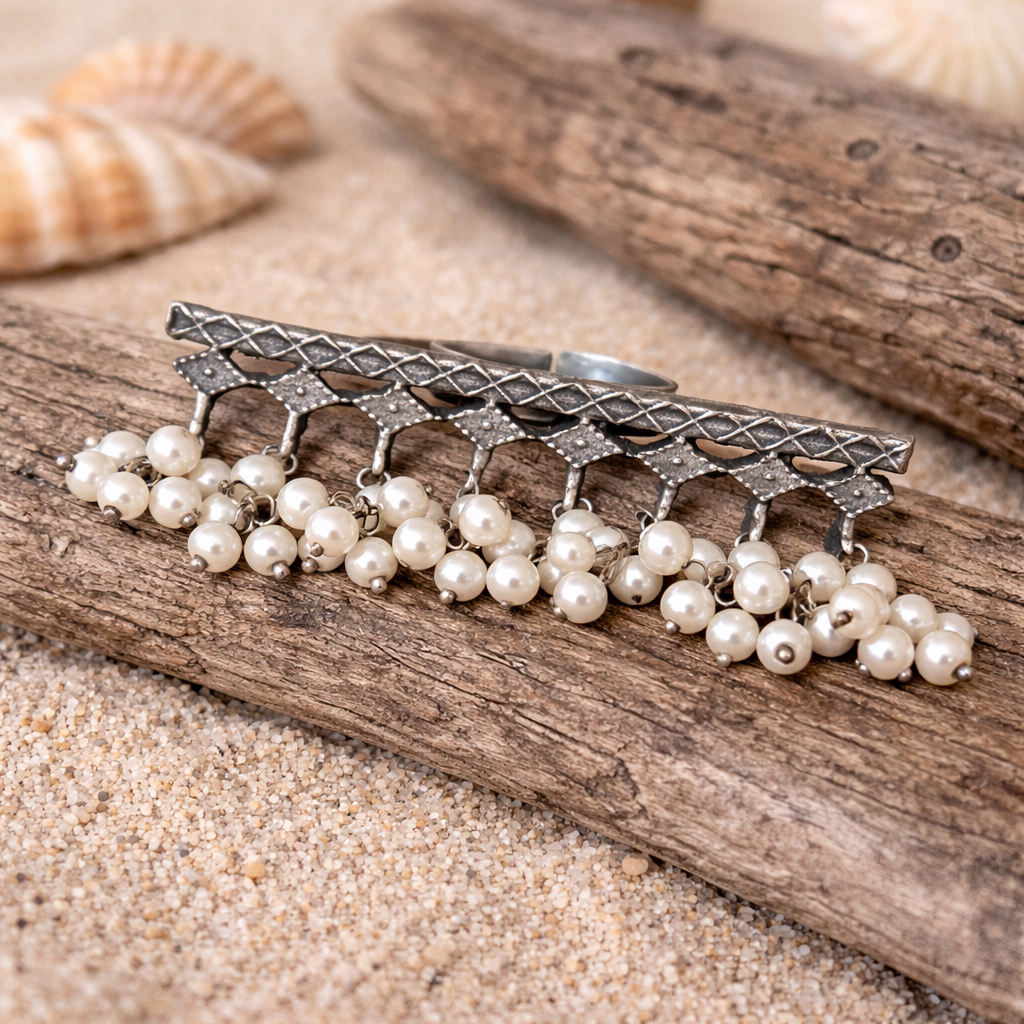 Oxidized Silver Pearl Ring for Women | Ethnic Statement Ring