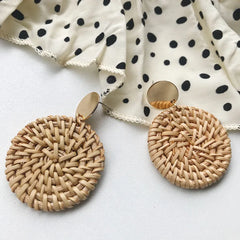 1 pair fashion triangle round moon wood straw copper inlaid acrylic women's earrings