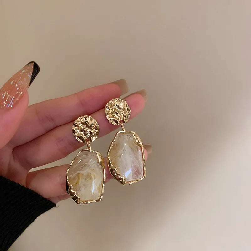 casual retro irregular alloy inlay resin women's drop earrings