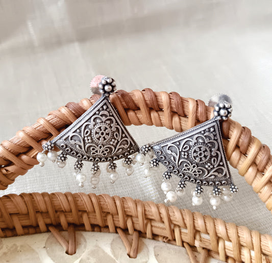 Mirage  -Antique Oxidized Half-Fan Earrings with Pearl Beads – Ethnic Statement Jewelry