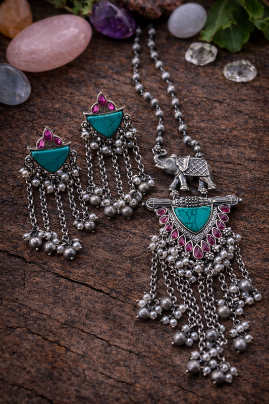 Oxidized Elephant Necklace Set with Turquoise Stone & Pearl Tassels | The Mirage Fashion