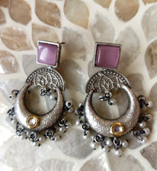 Mirage  - Vintage Oxidized Crescent Hoop Earrings with  Stone Studs & Pearl Drops