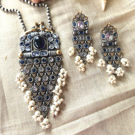 Mirage -  Ethnic Silver-Gold  Dual tone Necklace Set with Turquoise Stones and Pearls  with beautiful Jumki style earrings (Copy)
