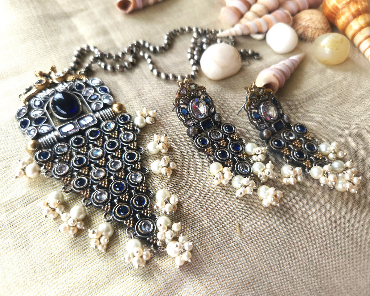 Mirage -  Ethnic Silver-Gold  Dual tone Necklace Set with Turquoise Stones and Pearls  with beautiful Jumki style earrings (Copy)