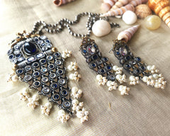 Mirage -  Ethnic Silver-Gold  Dual tone Necklace Set with Turquoise Stones and Pearls  with beautiful Jumki style earrings (Copy)