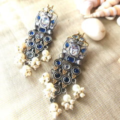 Mirage -  Ethnic Silver-Gold  Dual tone Necklace Set with Turquoise Stones and Pearls  with beautiful Jumki style earrings (Copy)